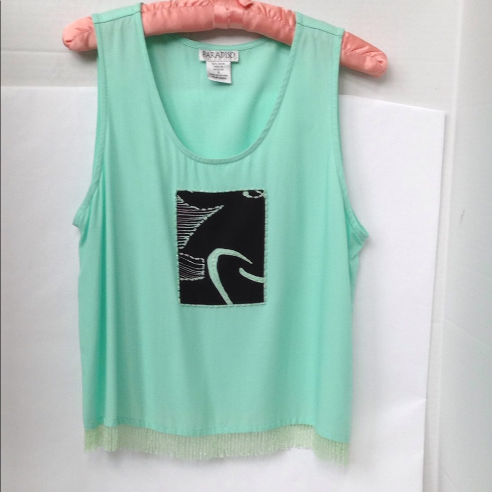 Aqua green sleeveless top, beaded fringe